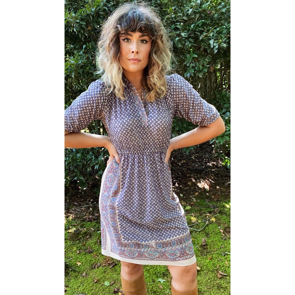 Vintage Paisley Puff Sleeve V-Neck Midi Dress